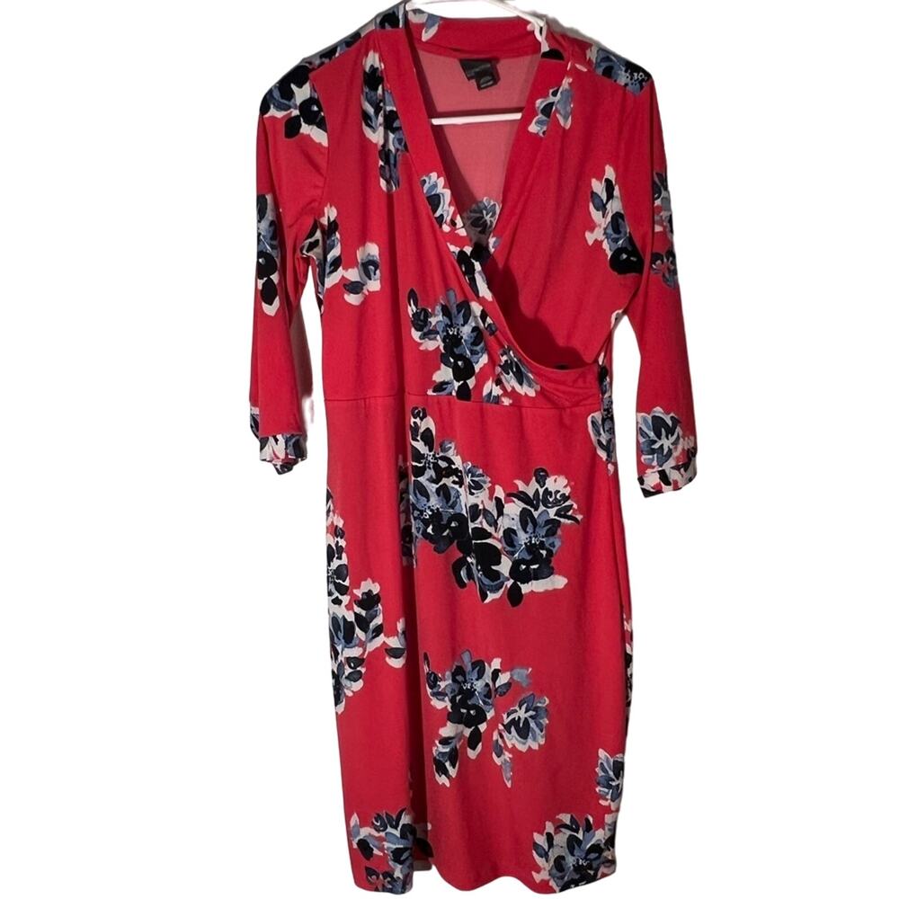 Covington faux wrap form fitting pink blue knee length dress 1/2 sleeve M petite